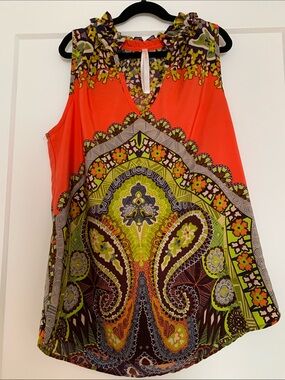 Renee C. Orange and Lime Paisley-Print Sleeveless V-Neck Camisole